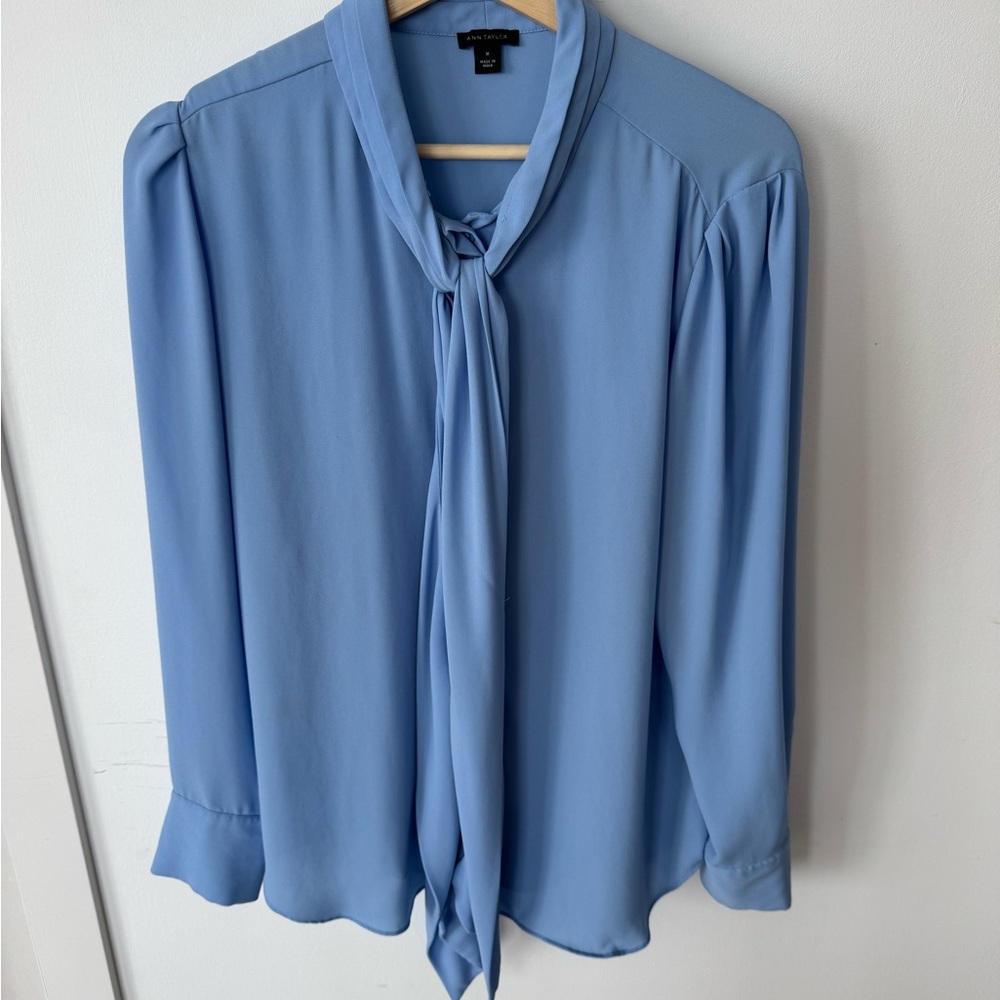 Ann Taylor Light Blue Tie-Neck Blouse